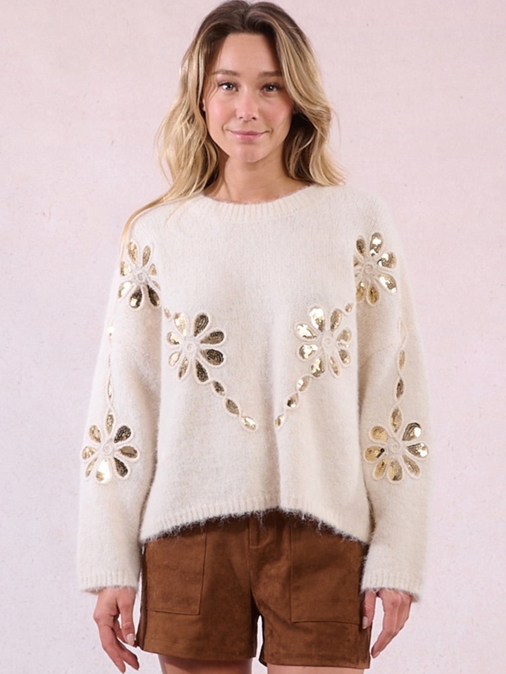 Molly Bracken Cream Crewneck Sweater with Gold Sequin Floral Motifs